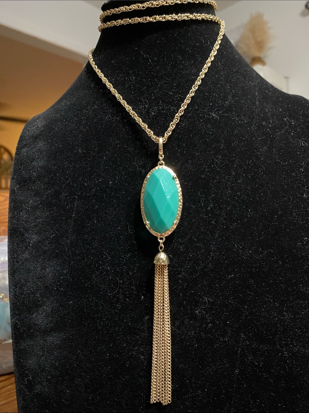 Premier Designs Gold-Tone Necklace with Teal/Blue Oval Pendant and Tassel